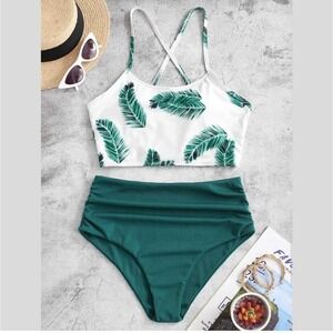 Zaful High Waisted‎ Bikini Palm Leaf Print Criss Cross Back Swimsuit Size L / 8